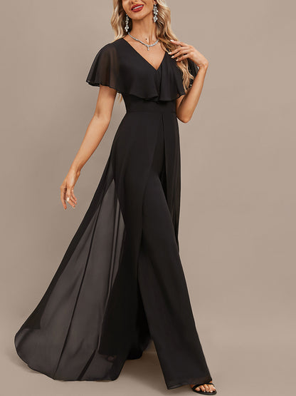 Jumpsuit/Pantsuit V-Neck Floor-Length Chiffon Evening Dress