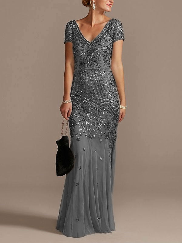 V-neck Beaded Short Sleeve Dress with Godets Mother of the Bride Dress