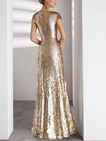 Round Neck Solid Color Short Sleeves Sequins Maxi Dress