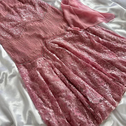 Pink Floral Elegant Exquisite Beading Long Chiffon Ball Gown Evening Dress Party Dress gh4234