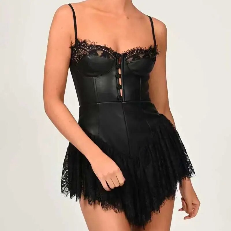 loveedsTM - Sexy Solid White Stitching Lace Bra Corset style Spaghetti Strap Mini Dress Women Backless Party Skater Short Sling Robe