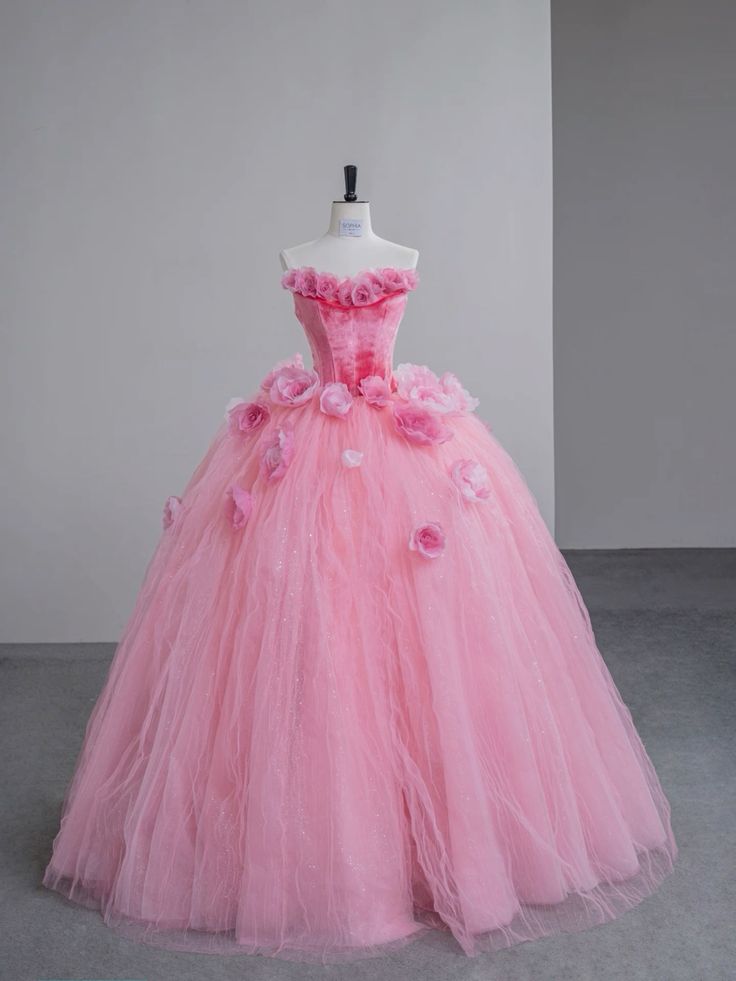 Pink Floral Long Velvet Tulle Quinceanera Gowns Ball Gown Evening Dress gh4885