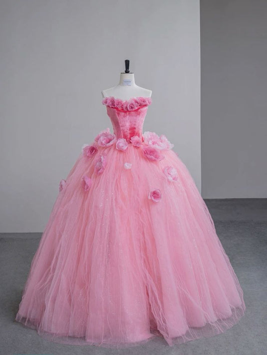 Pink Floral Long Velvet Tulle Quinceanera Gowns Ball Gown Evening Dress gh4885