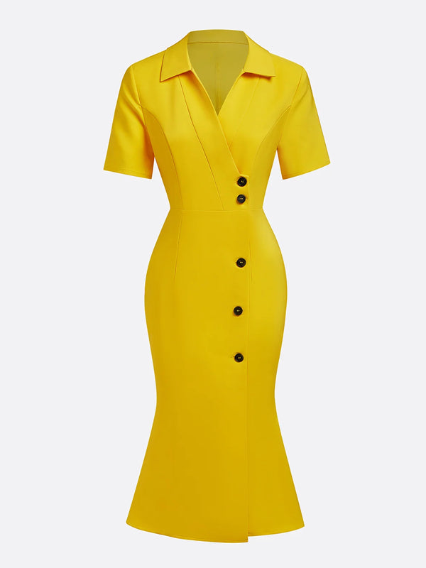 Elegant Plain Short Sleeve Buttoned Shawl Collar Midi Dress