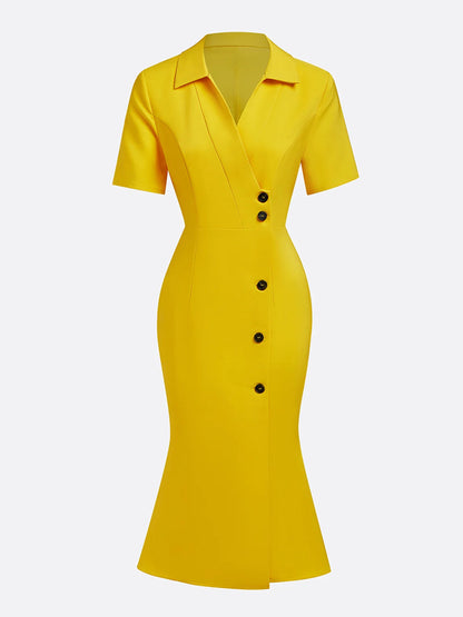 Elegant Plain Short Sleeve Buttoned Shawl Collar Midi Dress