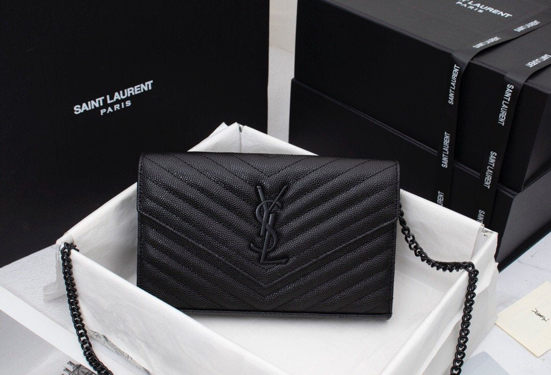 Saint Laurent Matelasse Grain de Poudre Matte Black Monogram Chain Wallet