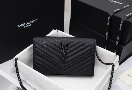 Saint Laurent Matelasse Grain de Poudre Matte Black Monogram Chain Wallet