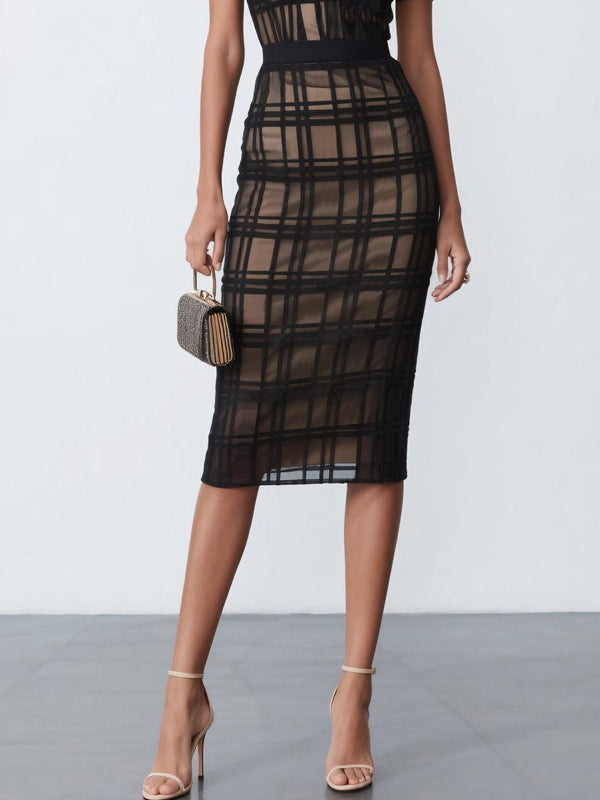 Mesh Plaid Classic V Neck Short Sleeve Sheath Midi Dress