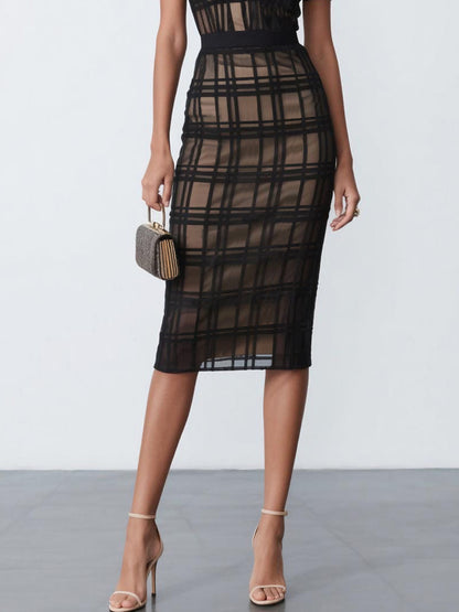 Mesh Plaid Classic V Neck Short Sleeve Sheath Midi Dress