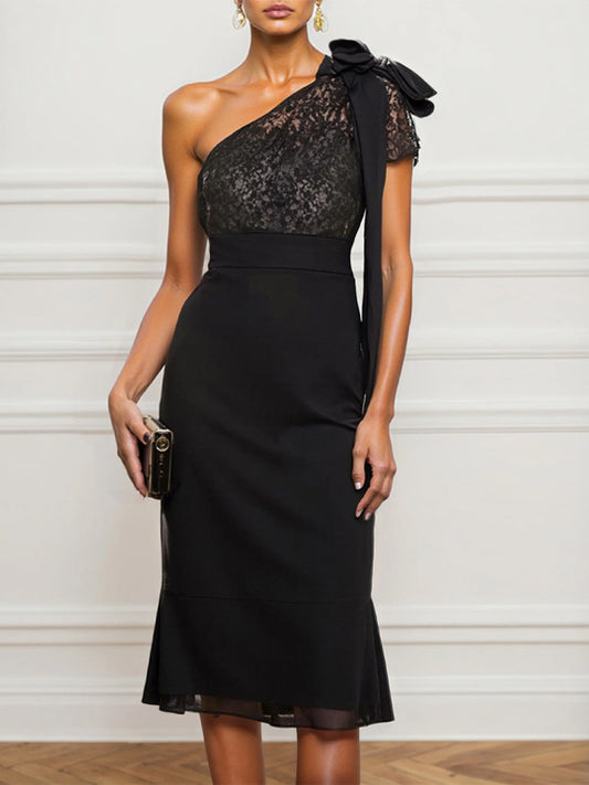 Black Lace Bow Lace One Shoulder Sleeveless Sheath Midi Dress