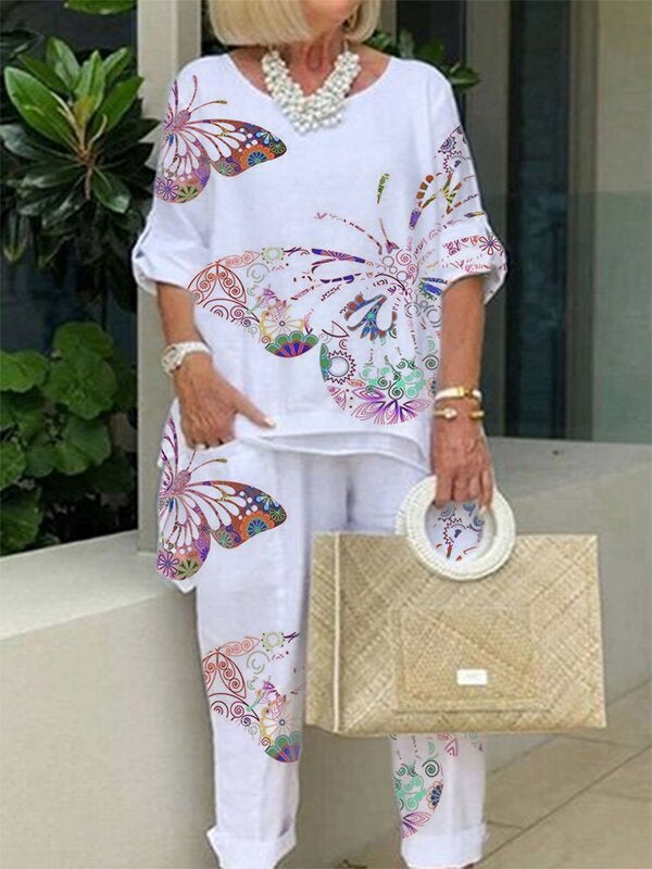 Ladies' Butterfly Print Irregular Hem Suit