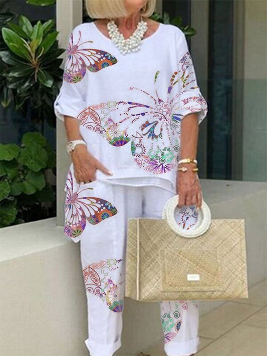 Ladies' Butterfly Print Irregular Hem Suit