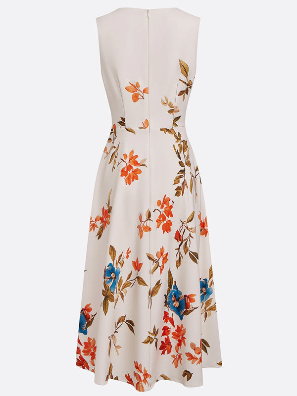 V-neck Sleeveless Printed Midi Dress