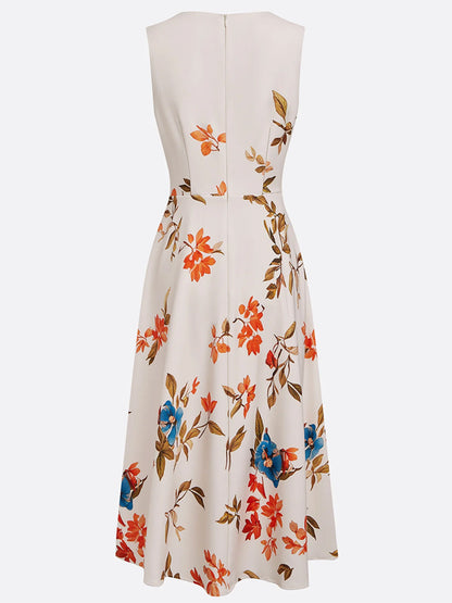 V-neck Sleeveless Printed Midi Dress