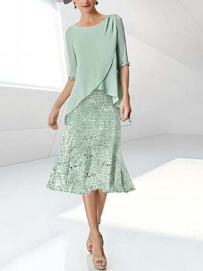 Round Neck Solid Color Lace Midi Dress