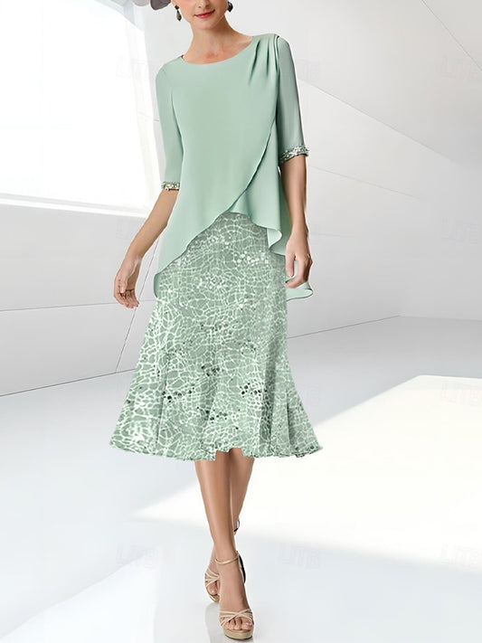 Round Neck Solid Color Lace Midi Dress