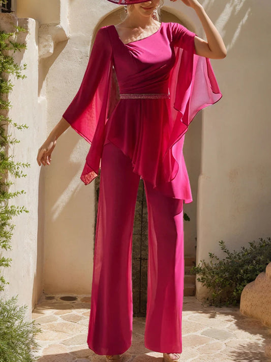 Fashion Chiffon Scoop Neck Long Sleeves Mother of the Jumpsuit (with Belt)