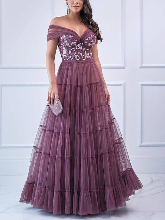 V-Neck Mesh Print Maxi Dress