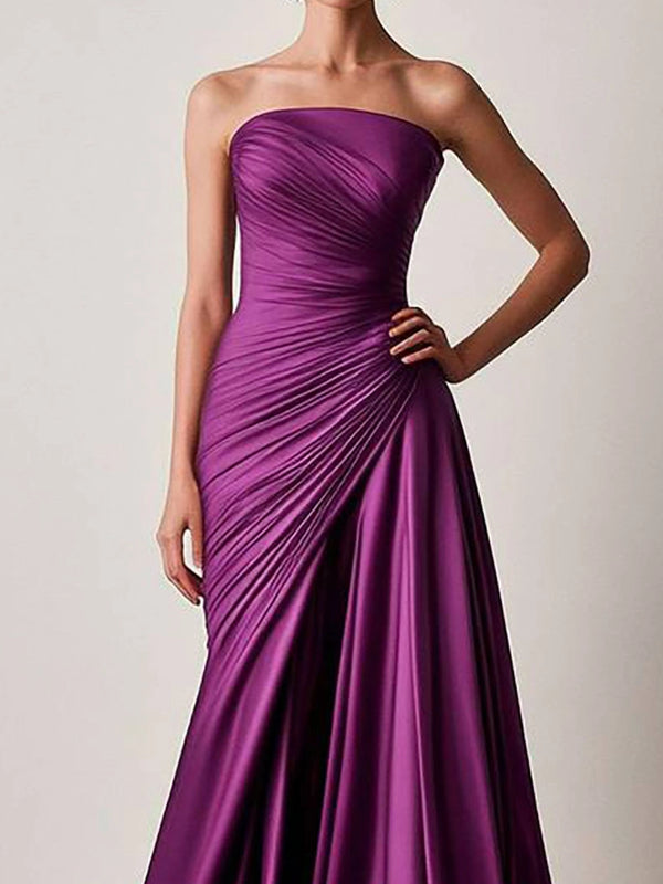 Formal Pleated Dress Purple Strapless Floor-Length Dress