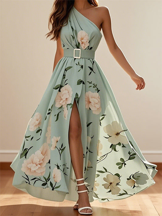 Green Off-shoulder Print Maxi Dress