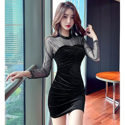 loveedsTM- Black Red Blue Velvet Dress Women Sexy Party Dresses Women Evening Perspective Mesh Mini Dress Ladies Folds Tight Pencil