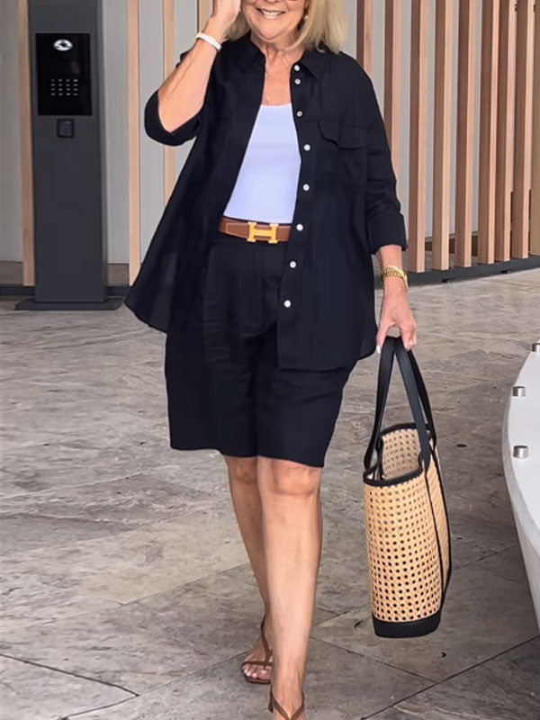 Casual Cotton Linen Shirt Shorts Women's Sets