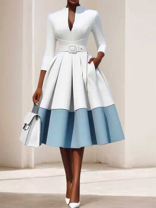 Elegant Colorblock V Neck Knee-Length Midi Dress