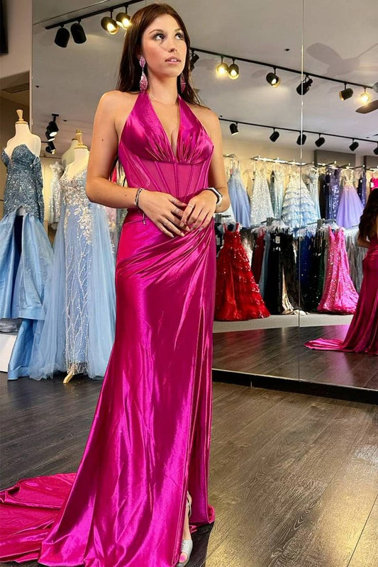 Fashion Halter Neck Satin Long Prom Dresses