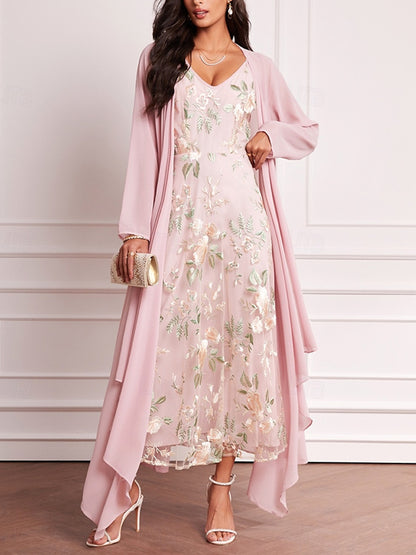 Lace Chiffon Print 3/4 Long Sleeve Dress Set