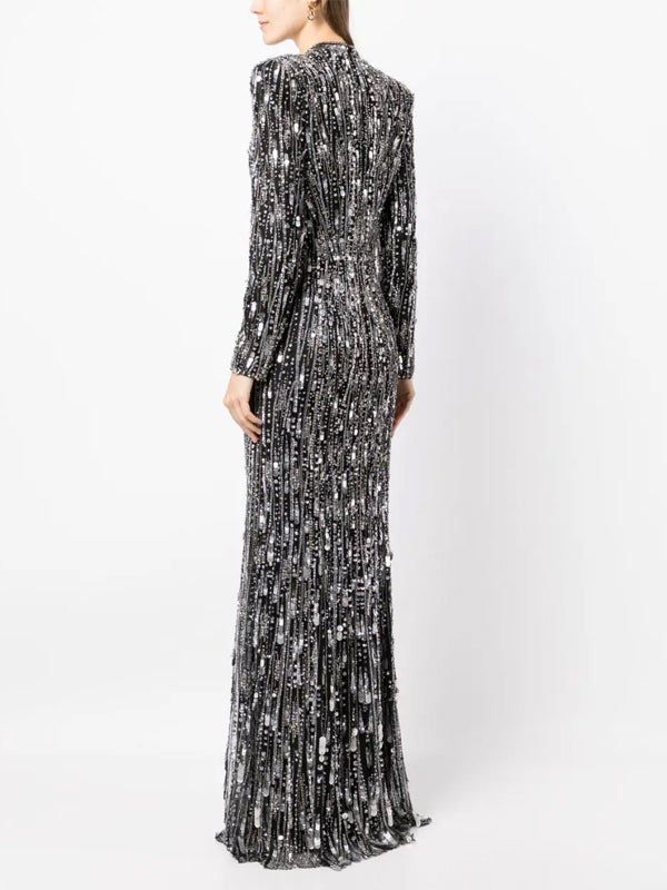 V-Neck Sequined Long Sleeves Maxi Dress
