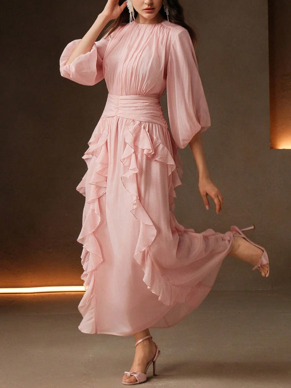 Elegant Women's Balloon Sleeve Waist Cinched Pink Loose Flare Dress