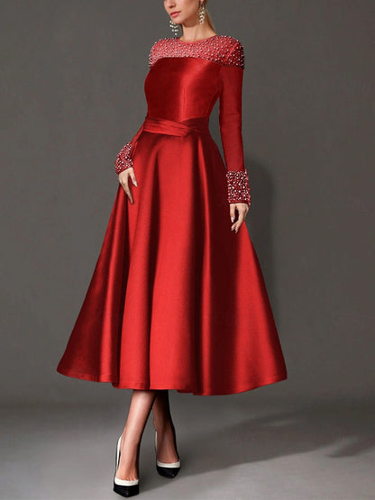 Round Neck Solid Color Midi Dress