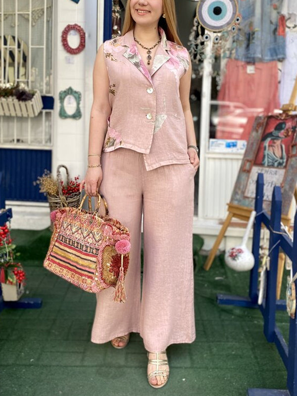 Cotton and Linen Printed Holiday Temperament Women's Suit