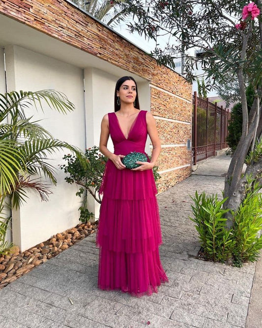 Purple Fashion Elegant V-neck Long Tulle Ball Gown Evening Dress Wedding Guest Party Dress gh3325