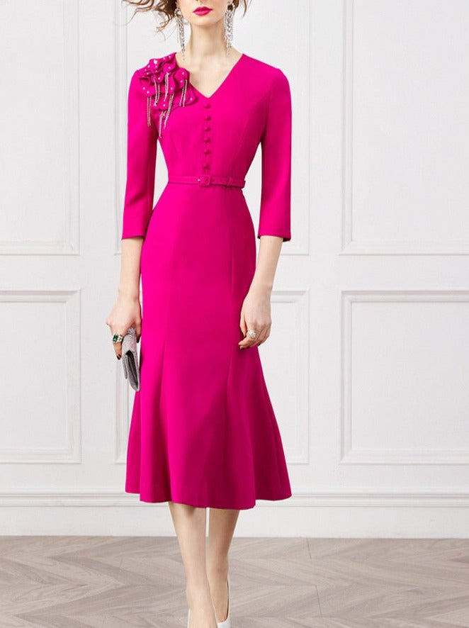 loveedsTM-Spring Fashion 3D Floral Beading Mermaid Party Dresses for Women 2024 Designer Elegant V Neck Midi Evening Vestidos Ladies