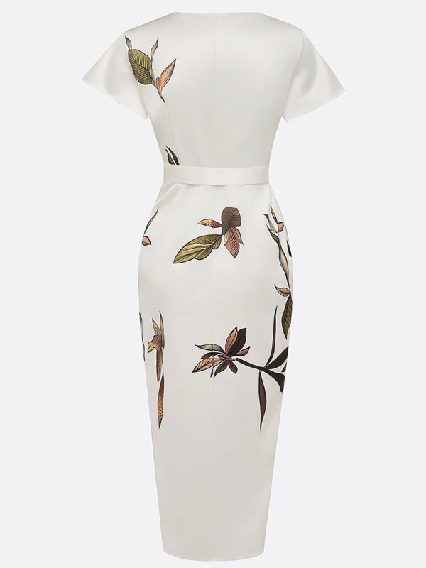 White Printing Satin V Neck Cap Sleeve Sheath Midi Dress