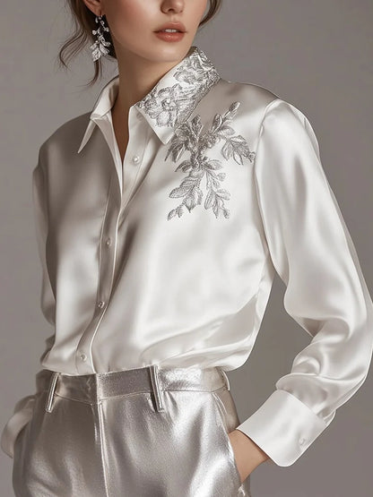 White Satin Blouse With Silver Plant Embroidery