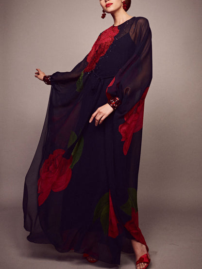 Floral Print Chiffon Sheer Gown