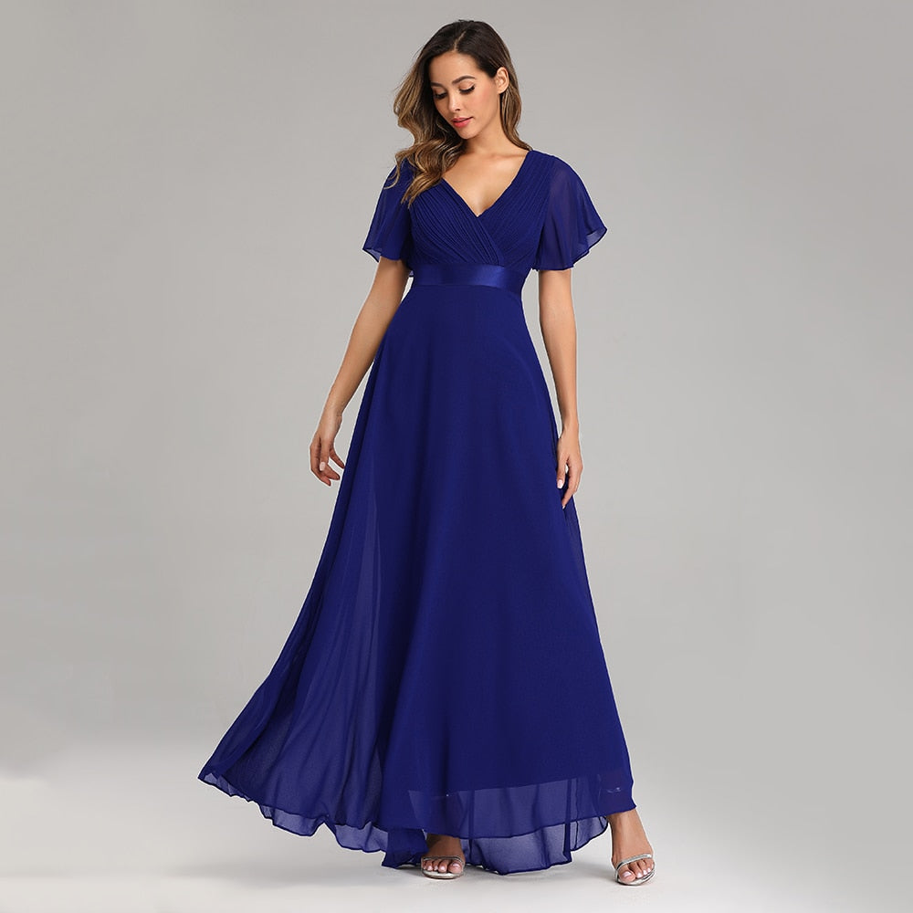 loveedsTM- Evening Dresses Elegant V-Neck Ruffles Chiffon Formal Evening Gown  Robe Vestidos De fiesta Dress for Wedding Party