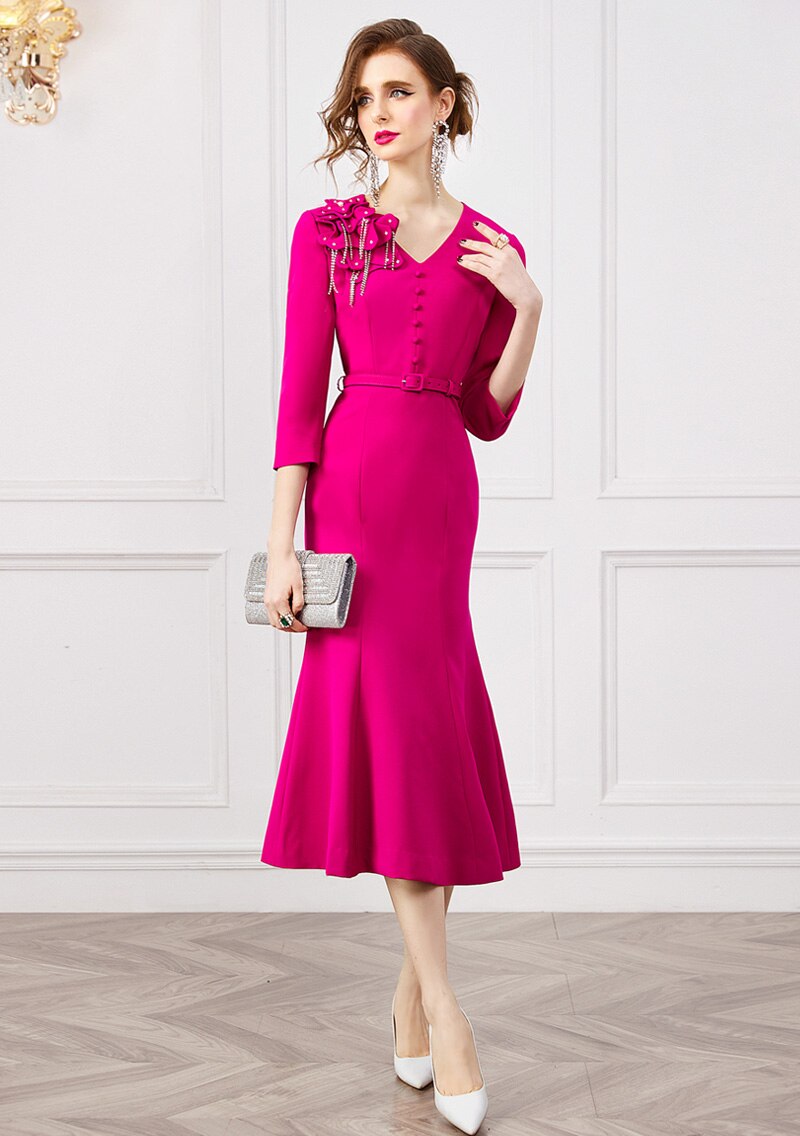 loveedsTM-Spring Fashion 3D Floral Beading Mermaid Party Dresses for Women 2024 Designer Elegant V Neck Midi Evening Vestidos Ladies