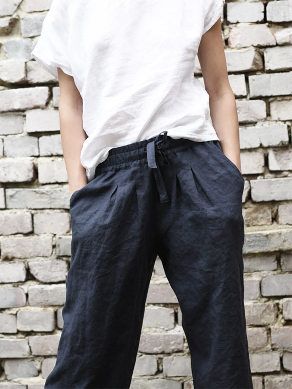 Solid Color Cotton And Linen Lace-up Trousers