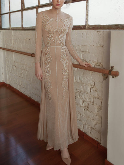 Solid Color Lace Long Sleeves Maxi Dress