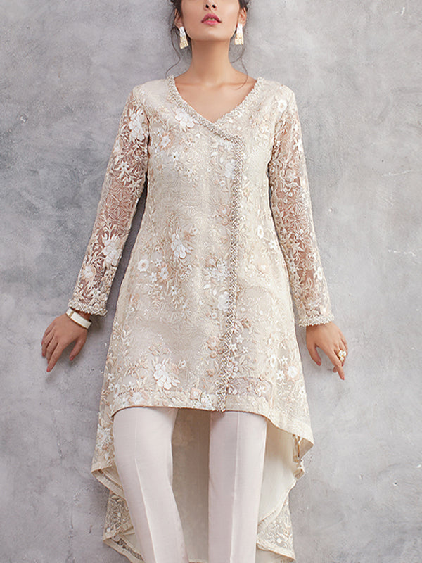V-neck Lace Solid Color Trousers Suit