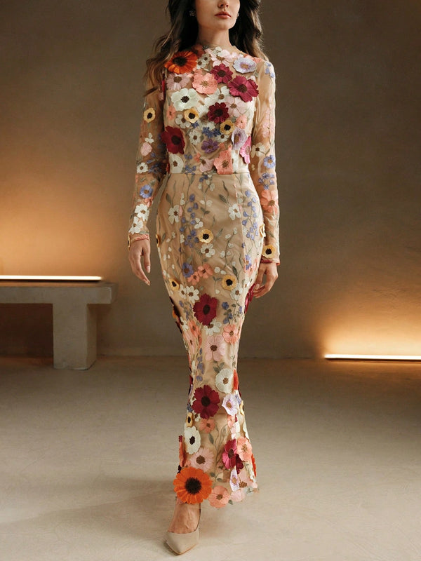 Women Elegant Mesh Flower Embroidery Long Dress