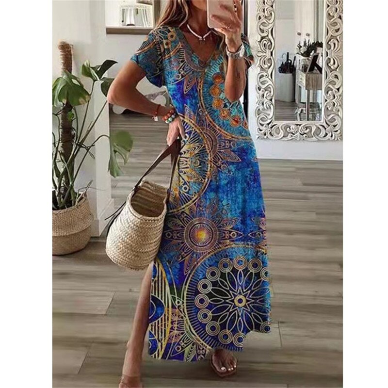 loveedsTM- Vintage Print Maxi Dress Women 2024 Summer Elegant V Neck Short Sleeve Loose Split Casual Dress Female Party Boho Beach Vestidos
