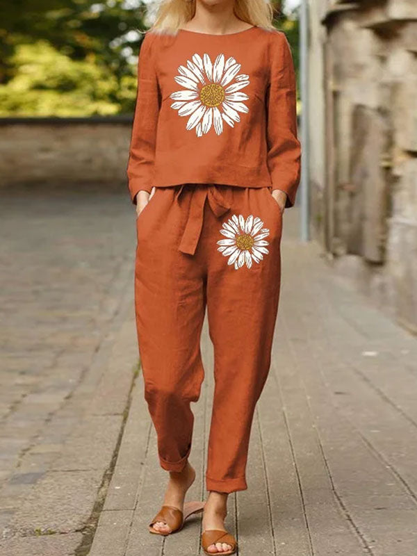 Chrysanthemum Printed Cotton and Linen Ladies' Suit