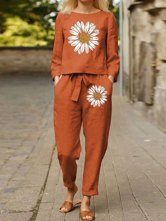 Chrysanthemum Printed Cotton and Linen Ladies' Suit