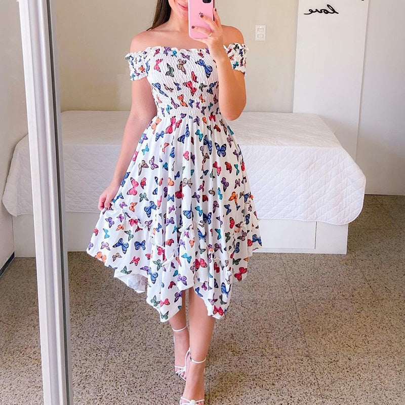 loveedsTM-Sexy Off The Shoulder Tube Top Dress Butterfly Rainbow Floral Print Dress Ladies Elegant Slim Summer Bohemian Party Maxi Dresses
