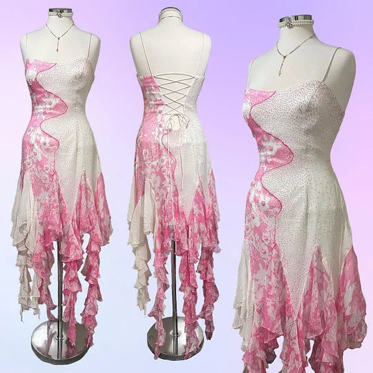 Pink and White Exquisite Beaded Floral Elegant Long Tassel Ruffle Chiffon Ball Gown Evening Dress Party Dress Prom Dress gh3718