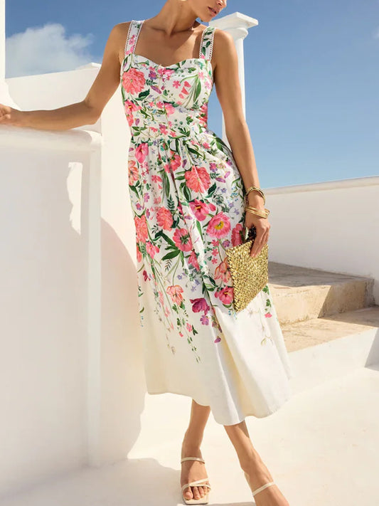 Ivory Floral Printed Cami Midi Dress